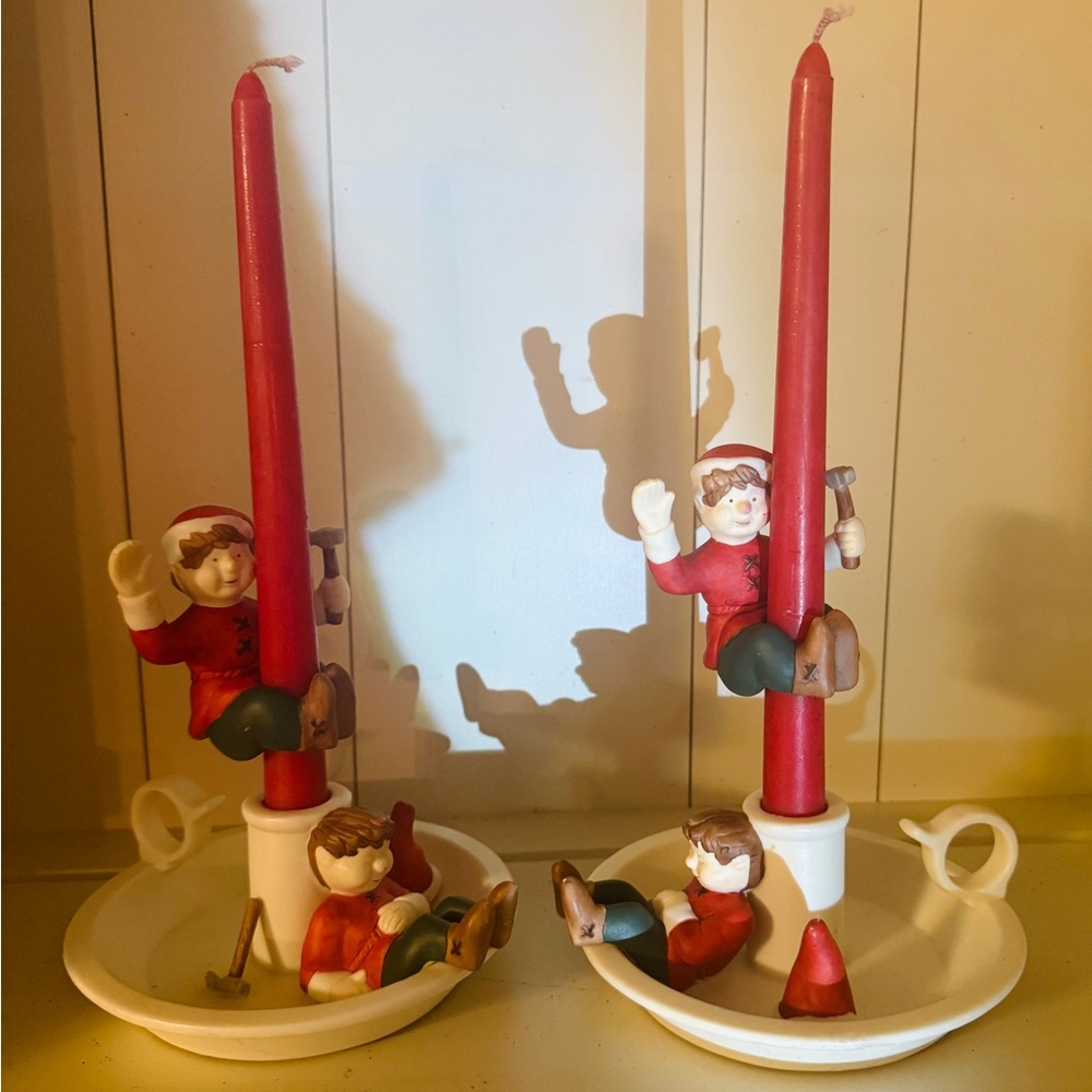 Vintage Set of PartyLite Santa Elves Candle Huggers & Candle Holders